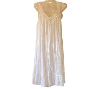 Terzo Millennio White Linen Dress Cottage V Neck with Crochet Lace with Tier  S